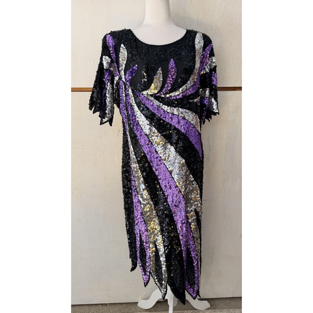 Iris Vintage Sequin Beaded Dress XL Black Purple Silver Cocktail Party